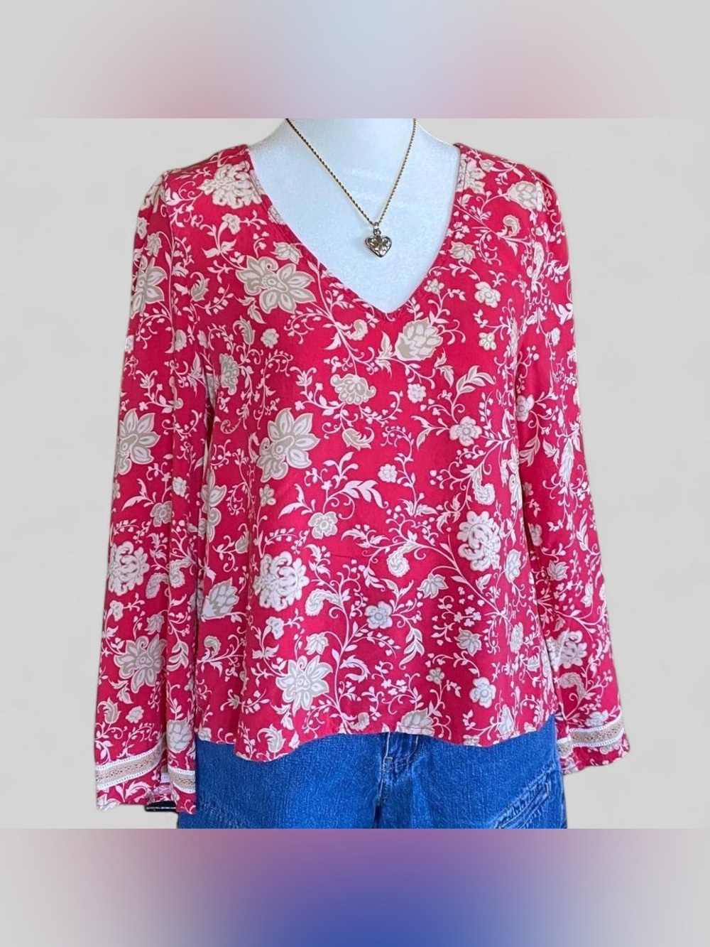 Shyanne Floral Boho Blouse Pink Rose Red V Neck Cottagecore Top Size M